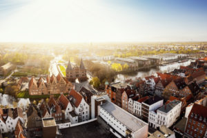 View of Lübeck and the Holstentor at sunset,Schleswig-Holstein,Germany View of Lübeck and the Holstentor at sunset,Schleswig-Holstein,Germany